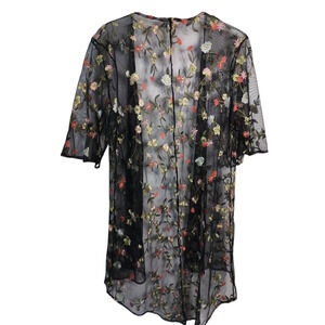 3168) Chenault Black Mesh Floral Embroidery Kimono Cardigan Size Medium